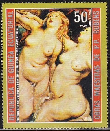 Z vendido Guinea Ecuatorial 1973 Michel 291 Sello Pintura Pedro Pablo Rubens Desembarco de Maria de Medicis en Marsella Mujeres Desnudas Matasello de favor Preobliterado 